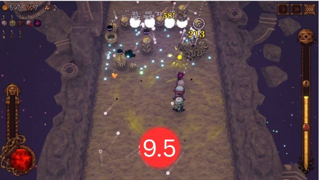 Gameplay in Ball x Pit with the review score attached.