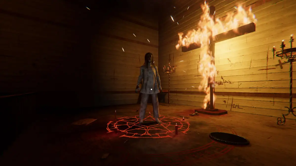 ghost in front of flaming cross in phasmophobia