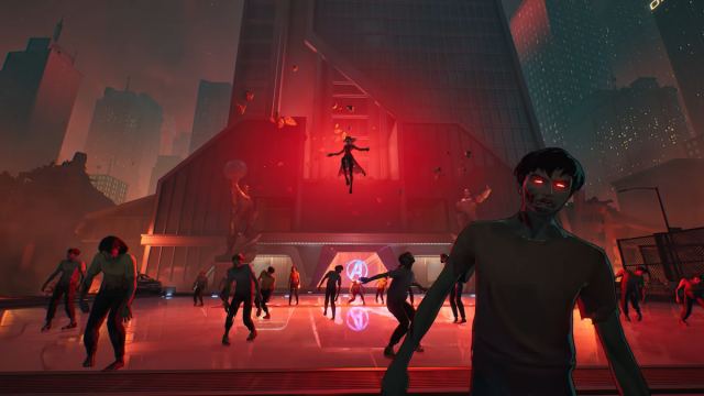 Zombie Scarlet Witch flying over hoard of zombies in marvel rivals zombies