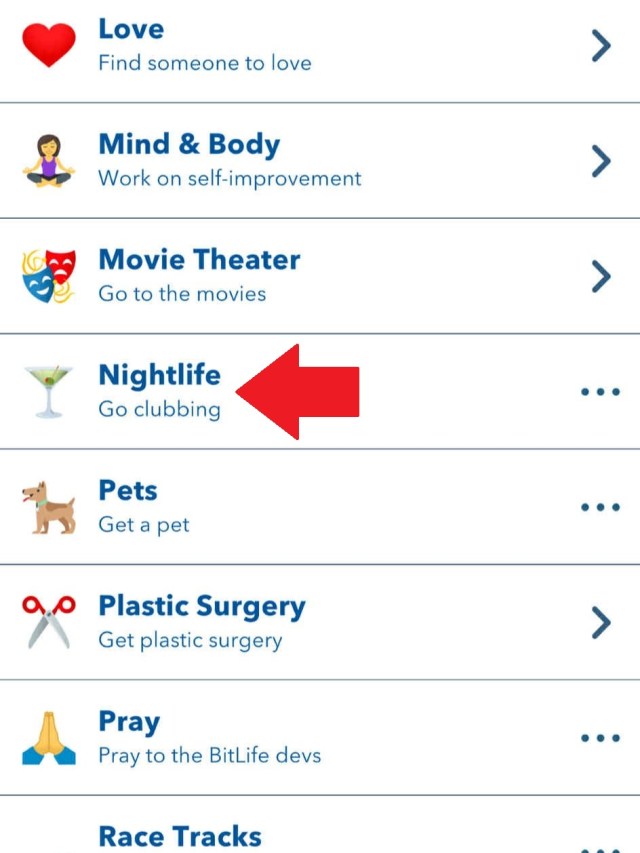 nightclub option marked in bitlife