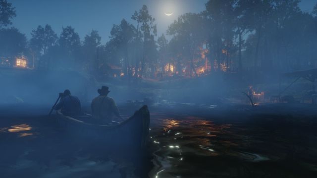 Red Dead Redemption 2 key art featuring two men paddling a boat through a swamp at night.